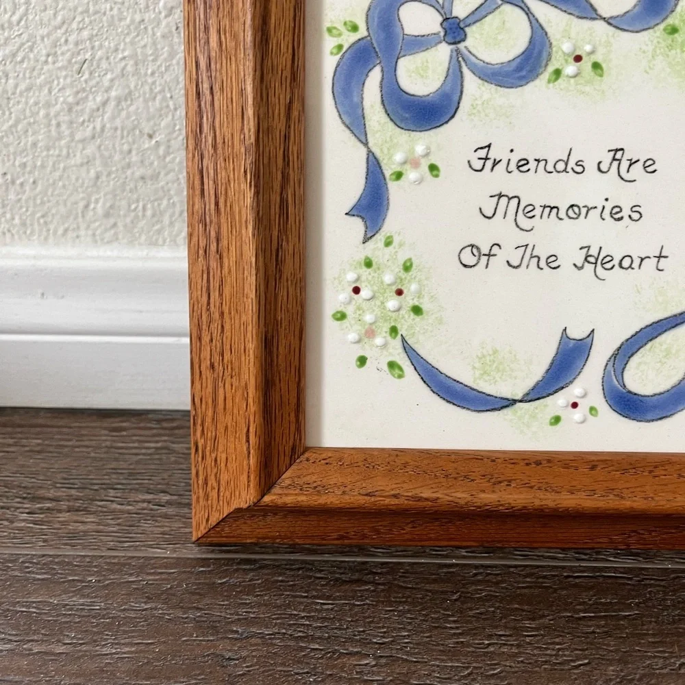 Wooden Framed Ceramic Wall Art with Blue Accents 9/9 Inch